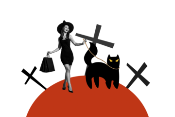 Composite photo collage of happy witch girl walk pet cat shopping cemetery bags purchase grave halloween isolated on painted background