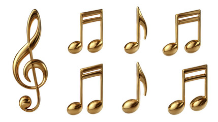 Classic elegant set of music notes in gold. This golden symbol of sound and melody isolated on transparency background evokes feeling of luxurious harmony and creativity