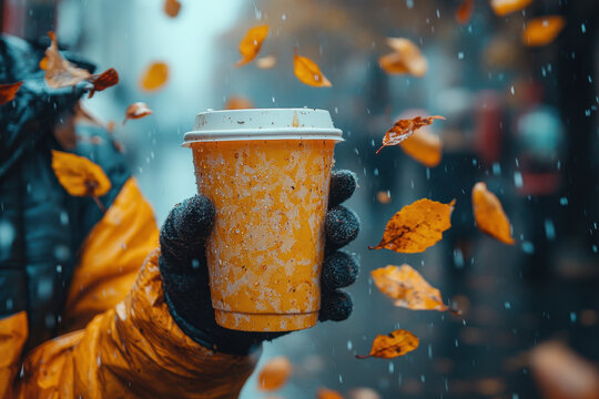 Person holding coffee in rain.