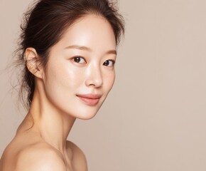 A captivating close-up portrait of a woman with flawless skin, highlighting natural beauty and a soft, light beige background.