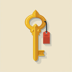Golden key with identification tag in simple ornate design  
