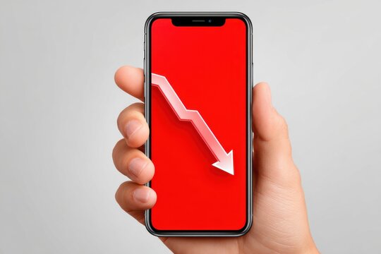 A hand holds a modern smartphone displaying a red screen with a prominent white arrow indicating a significant downward trend or financial loss.