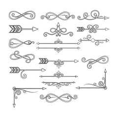 Fototapeta premium Collection of black line art decorative elements arrows and infinity symbols flourish swirl