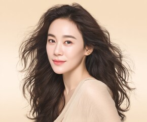 A  woman with flowing, dark hair and a soft, light beige background showcases a serene and healthy complexion.