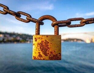 Rusty padlock on a chain overlooking a body of water