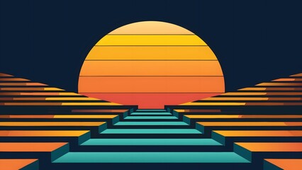 Retro-Futuristic Stylized Sunset with Teal Path, Layered Orange and Yellow Glow, and Dark Horizon