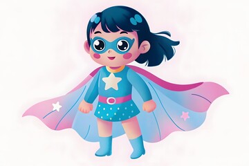 Confident Young Girl Superhero Illustration in Blue Costume with Star Emblem and Flowing Pink-Blue Cape
