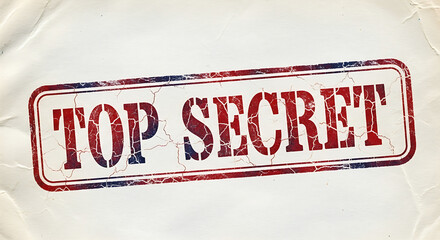 A top secret stamp with red and blue ink on wrinkled paper look