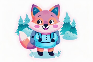 Cute Cartoon Fox with Backpack in Whimsical Forest Illustration for Children’s Book or Animation