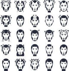 Vector art of collection of futuristic robot head icons set of various cyborg, android, and artificial intelligence face symbols in vector format