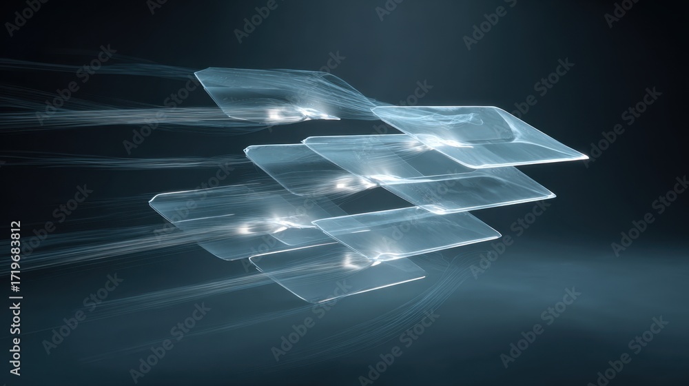 Poster abstract representation of transparent planes moving dynamically in a dark background with ethereal 