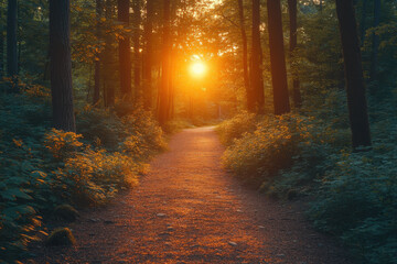 Fototapeta premium Sun shining on forest path.
