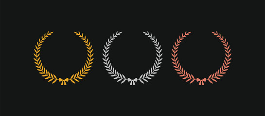 Laurel wreath award set with gold, silver, and bronze crowns. Icons for first, second, and third place winners in competitions and achievements