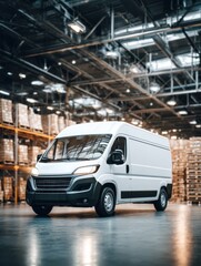 A white delivery van is parked inside a large warehouse. The space is filled with tall shelves holding neatly organized pallets. Bright lights illuminate the area