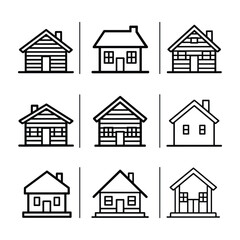Nine simple black line art house icons arranged in a three by three grid home icon building icon