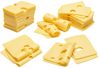 Meticulously arranged golden cheddar and creamy swiss cheese slices, stacked, folded, fanned, isolated on white background with copy space, appetizing food photography concept