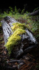 Fototapeta premium Log with green moss macro nature study sunlight forest