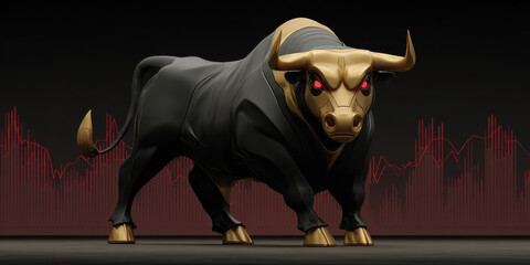 Powerful black and gold bull statue with glowing red eyes stands firmly against dark background with red financial graph lines, symbolizing strength and market energy
