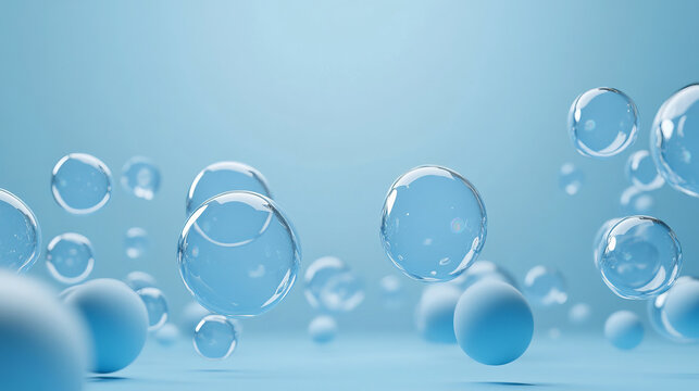 Pastel blue abstract background with soft soap balls. Realistic illustration of horizontal bg with shampoo and wash foam sphere. Banner with flying soapy glossy water sphere.