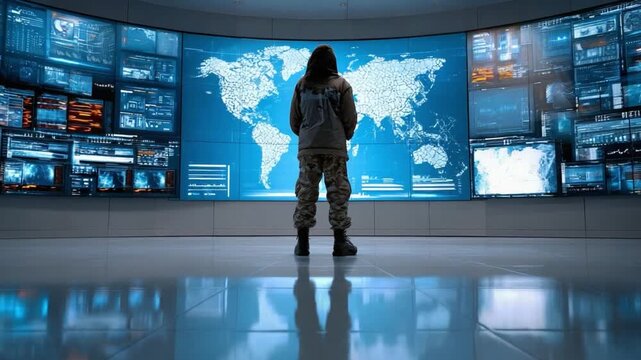 Sentinel of Surveillance: A resolute figure stands guard, their gaze fixed upon a world map illuminated by a network of digital screens.
