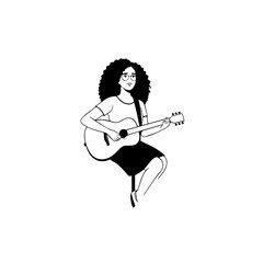 Black and white line art of a cool woman playing guitar in casual outfit minimalist stylish illustration