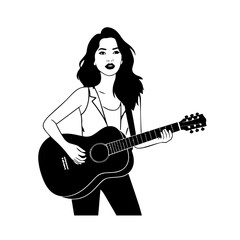 Black and white line art of a cool woman playing guitar in casual outfit minimalist stylish illustration
