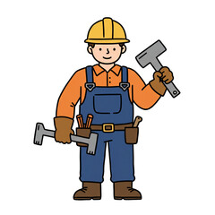 Cartoon construction worker with tools and helmet &ndash; builder character illustration