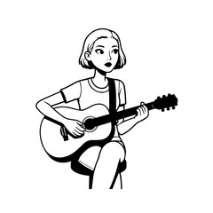 Black and white line art of a cool woman playing guitar in casual outfit minimalist stylish illustration