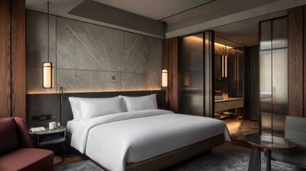 Modern Hotel Room Interior Featuring Cozy Bed, Stylish Lighting and Elegant Design Elements for Luxury Accommodation Experience