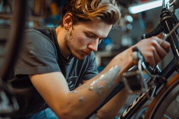 Bicycle Mechanic at Work: A dedicated mechanic is meticulously repairing a bicycle in a workshop, showcasing precision and a passion for cycling