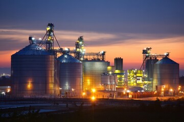 Industrial Manufacturing Plant at Sunset with Illuminated Silos and Structures.