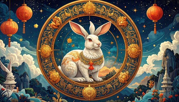 A regal, white rabbit adorned with golden ornaments sits within an ornate circular frame. Red lanterns float in the starlit night