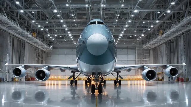 The Majestic Boeing 747: A stunning frontal view of a Boeing 747 jet airplane inside a colossal hangar, showcasing its size and intricate details.