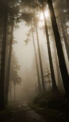 A foggy forest path with scattered moonlight shining through tall trees