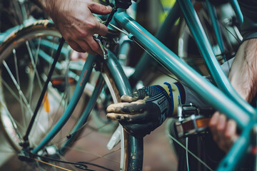 Reviving the Ride: Hands meticulously repair the bicycle frame, with close-up detail on wrench work, embodying the craftsmanship of restoration and repair in the realm of cycling. 