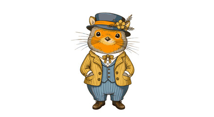 Obraz premium An anthropomorphic cat wearing a stylish outfit and hat standing confidently in a vector illustration