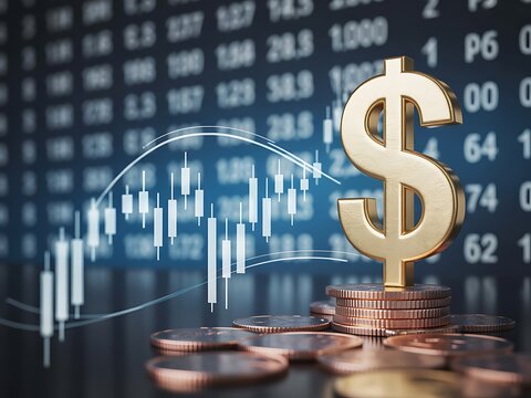 Golden dollar symbol with stock market chart and currency investment concept.