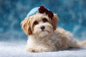 cheerful dog wearing christmas hat adorned with holographic bow nestled in snowy landscape