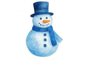 Snowman wearing blue hat and scarf illustration with watercolor effect, symbolizing winter holidays and christmas