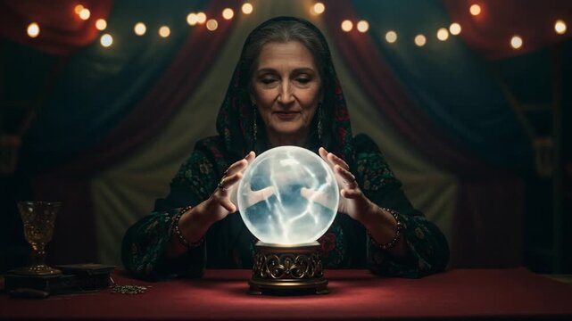 Fortune teller gazing into crystal ball at fair