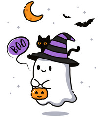 Cute ghost with a black cat, pumpkin jack o lantern and witch hat