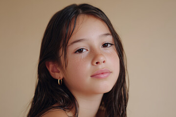 young girl with tearstained cheeks and sparkling eyes stands against clean solid background