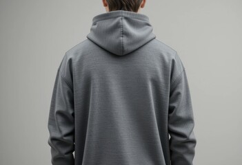 Vista posterior de un hombre con una sudadera con capucha gris de gran tamaño, de pie sobre un fondo neutro suave, maqueta de marca de ropa de estudio