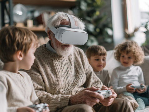 Grandparent and children play virtual reality - Powered by Adobe