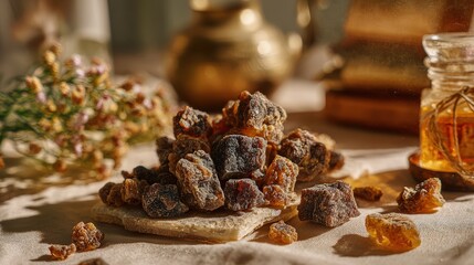Natural myrrh resin chunks carefully arranged to showcase authentic texture and organic elements, perfect for traditional medicine production and sacred aromatherapy incense manufacturing concept.