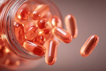Salmon-toned capsules emerging from plastic pharmaceutical bottle, feminine health supplement concept, medical wellness industry, women's healthcare theme, prescription medication, health insurance.