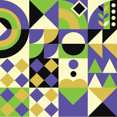 Colorful Geometric Abstract Composition Featuring Various Shapes and Patterns.
