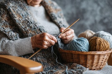 Senior woman knitting sweater in comfortable chair with yarn basket nearby showing focused handwork perfect for fiber arts and productive hobby concepts during retirement.