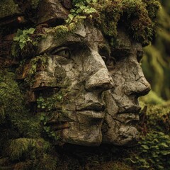 Close-up of two weathered faces carved into a mossy tree trunk