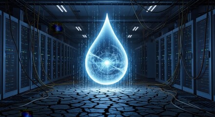 Futuristic Data Center with Digital Water Drop Hologram in Server Room
